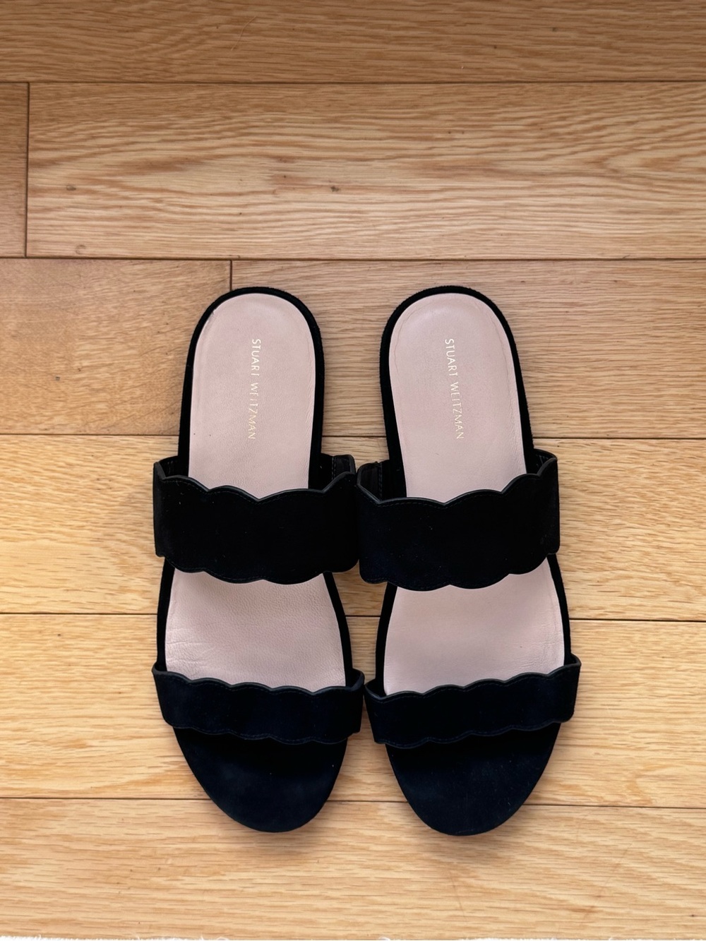 Stuart Weitzman Black Scalloped Double-Strap Slide Mules